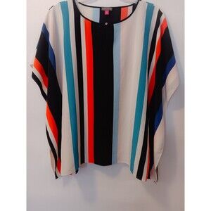 Vince Camuto Women's Black White Teal Orange Striped Kimono Poncho Blouse, Lg.